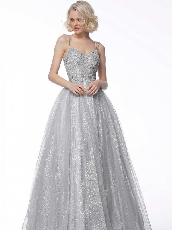 Silver Embroidered Bodice Ball Gown