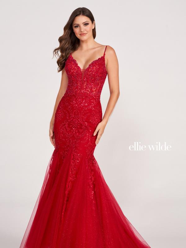 Red Embroidered tulle long trumpet gown